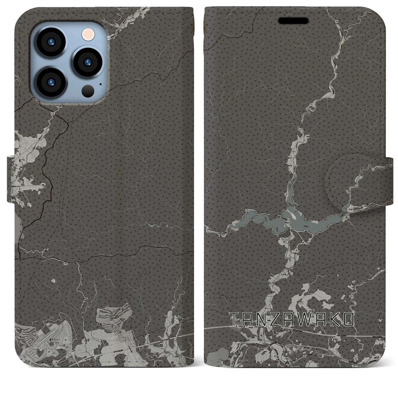 【丹沢湖(神奈川県)】地図柄iPhoneケース(手帳タイプ)モノトーン・iPhone 13 Pro Max 用