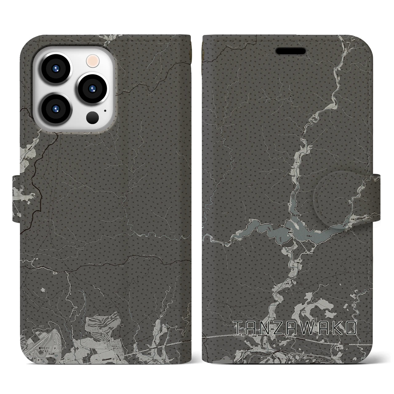【丹沢湖(神奈川県)】地図柄iPhoneケース(手帳タイプ)モノトーン・iPhone 13 Pro 用