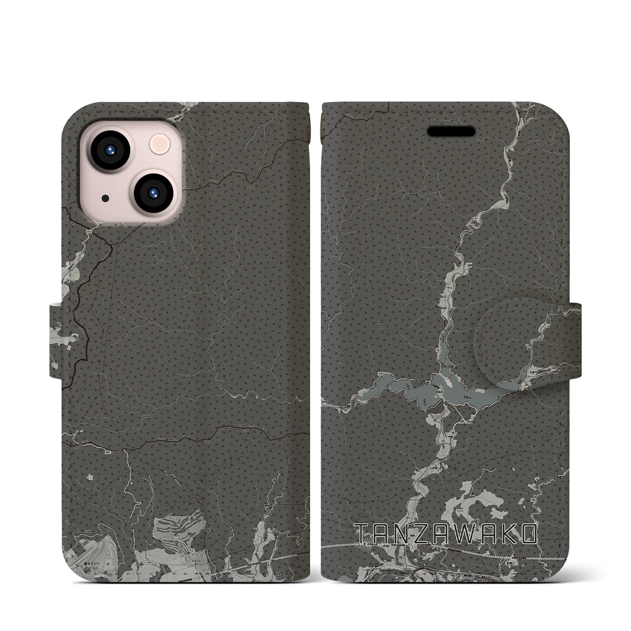 【丹沢湖(神奈川県)】地図柄iPhoneケース(手帳タイプ)モノトーン・iPhone 13 mini 用