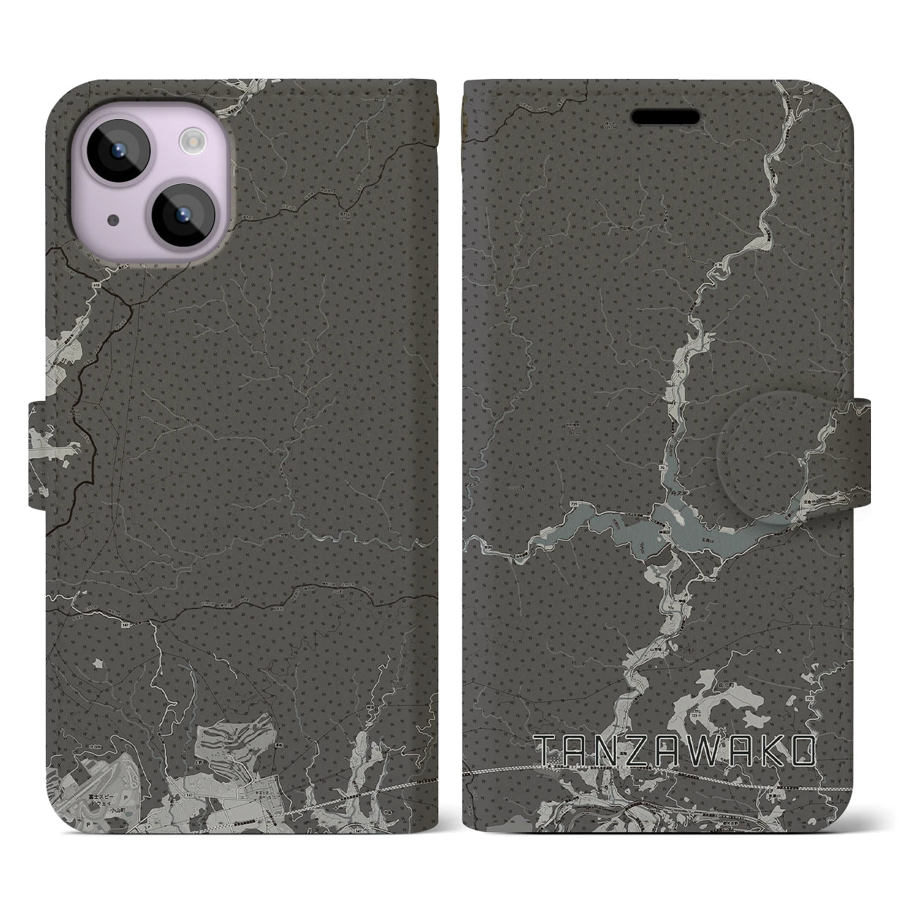 【丹沢湖(神奈川県)】地図柄iPhoneケース(手帳タイプ)モノトーン・iPhone 14 用