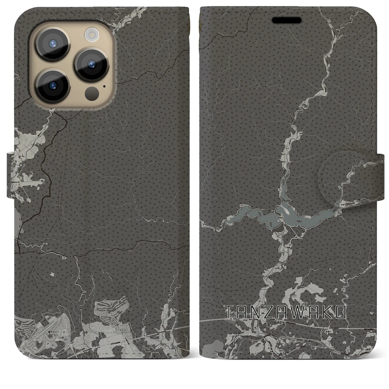 【丹沢湖(神奈川県)】地図柄iPhoneケース(手帳タイプ)モノトーン・iPhone 14 Pro Max 用