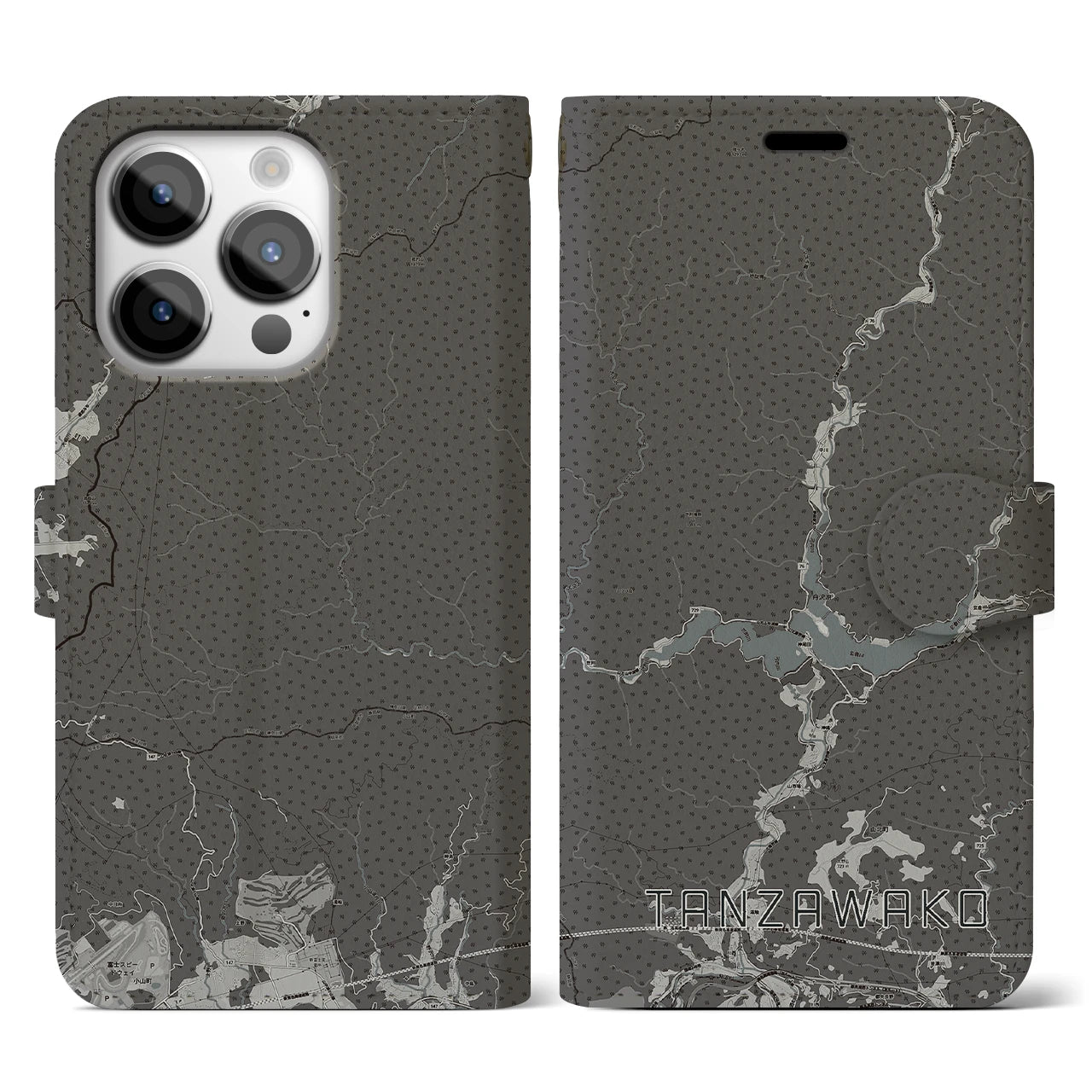 【丹沢湖(神奈川県)】地図柄iPhoneケース(手帳タイプ)モノトーン・iPhone 14 Pro 用