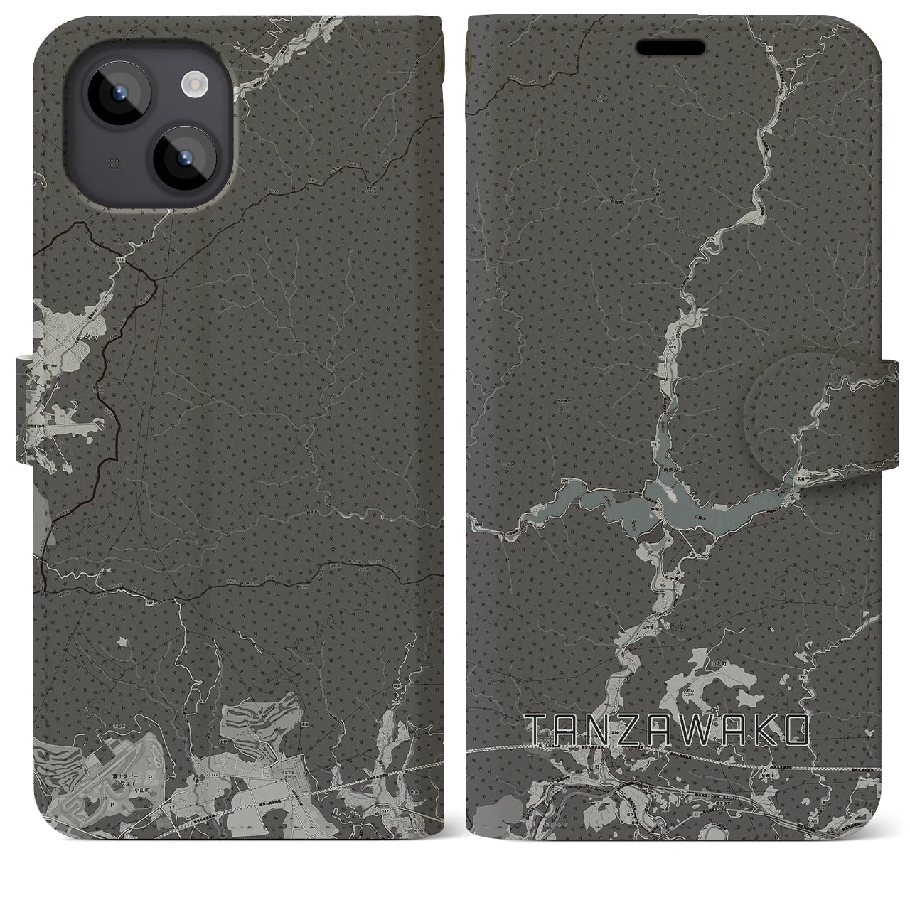 【丹沢湖(神奈川県)】地図柄iPhoneケース(手帳タイプ)モノトーン・iPhone 14 Plus 用