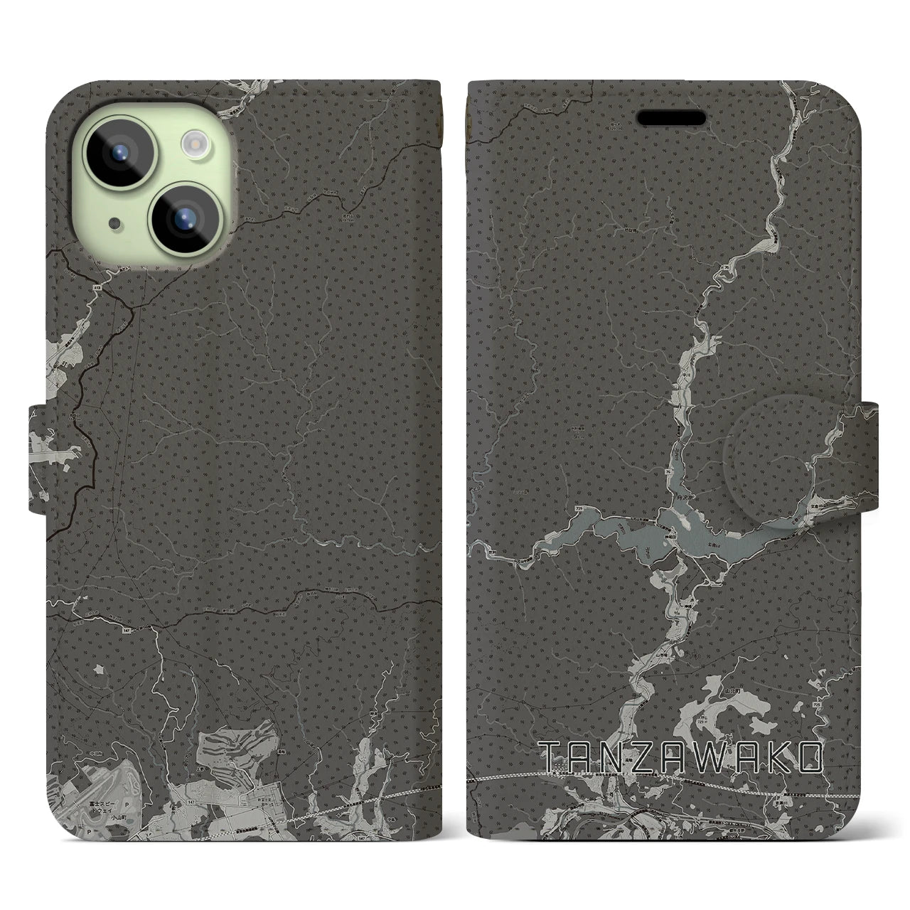 【丹沢湖(神奈川県)】地図柄iPhoneケース(手帳タイプ)モノトーン・iPhone 15 用