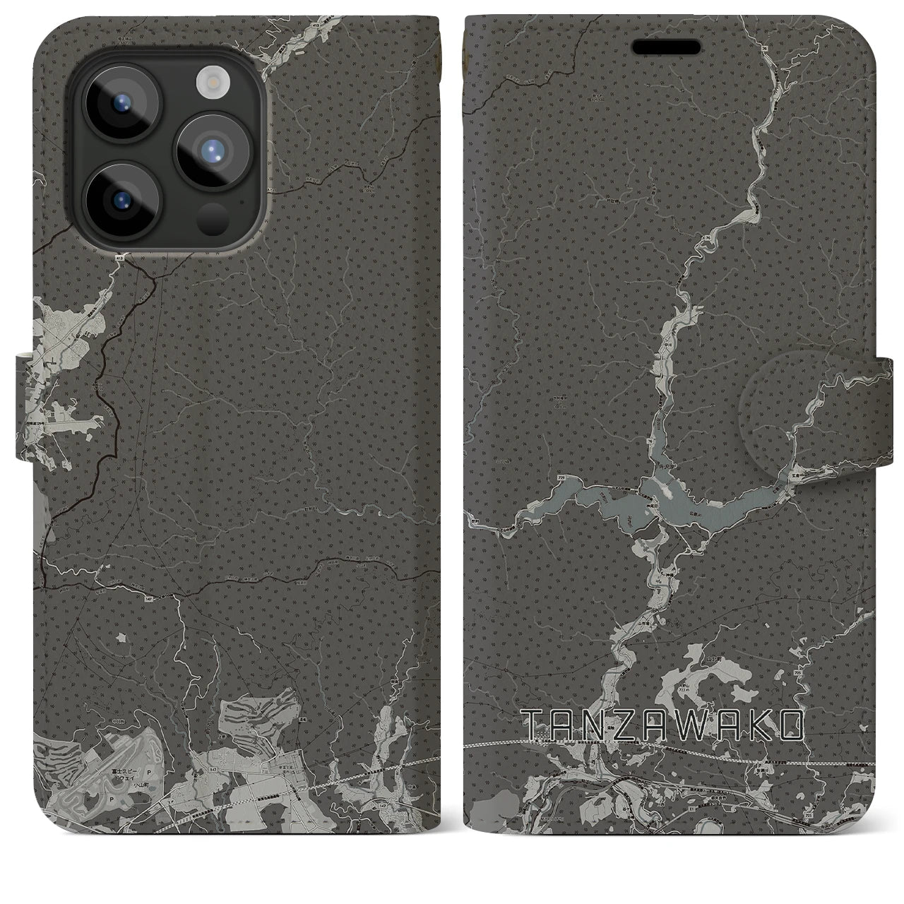 【丹沢湖(神奈川県)】地図柄iPhoneケース(手帳タイプ)モノトーン・iPhone 15 Pro Max 用
