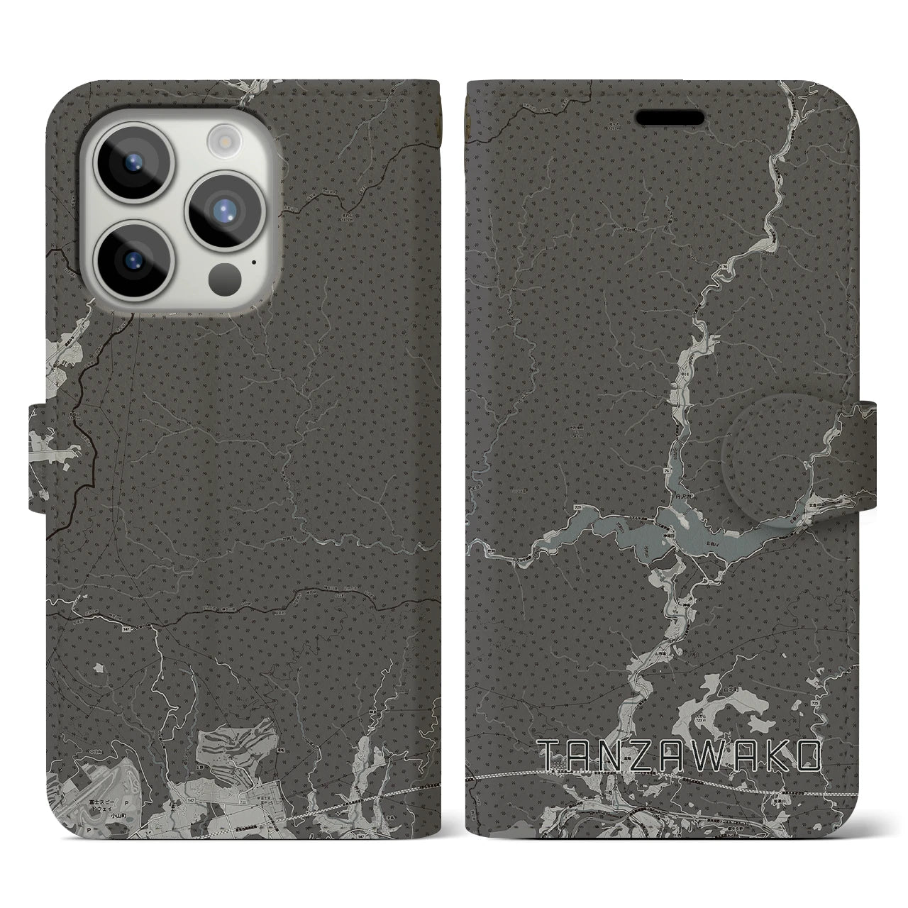 【丹沢湖(神奈川県)】地図柄iPhoneケース(手帳タイプ)モノトーン・iPhone 15 Pro 用