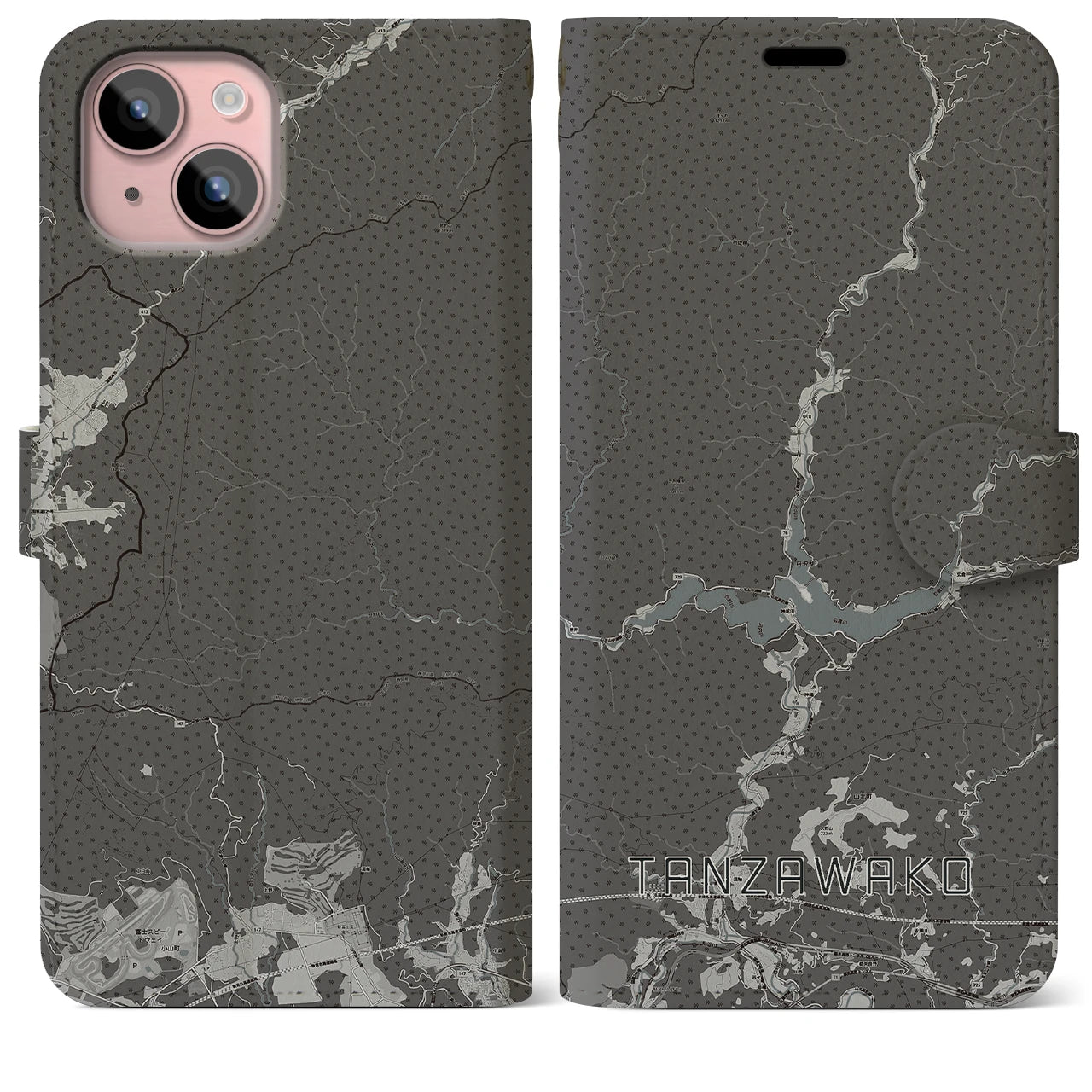 【丹沢湖(神奈川県)】地図柄iPhoneケース(手帳タイプ)モノトーン・iPhone 15 Plus 用