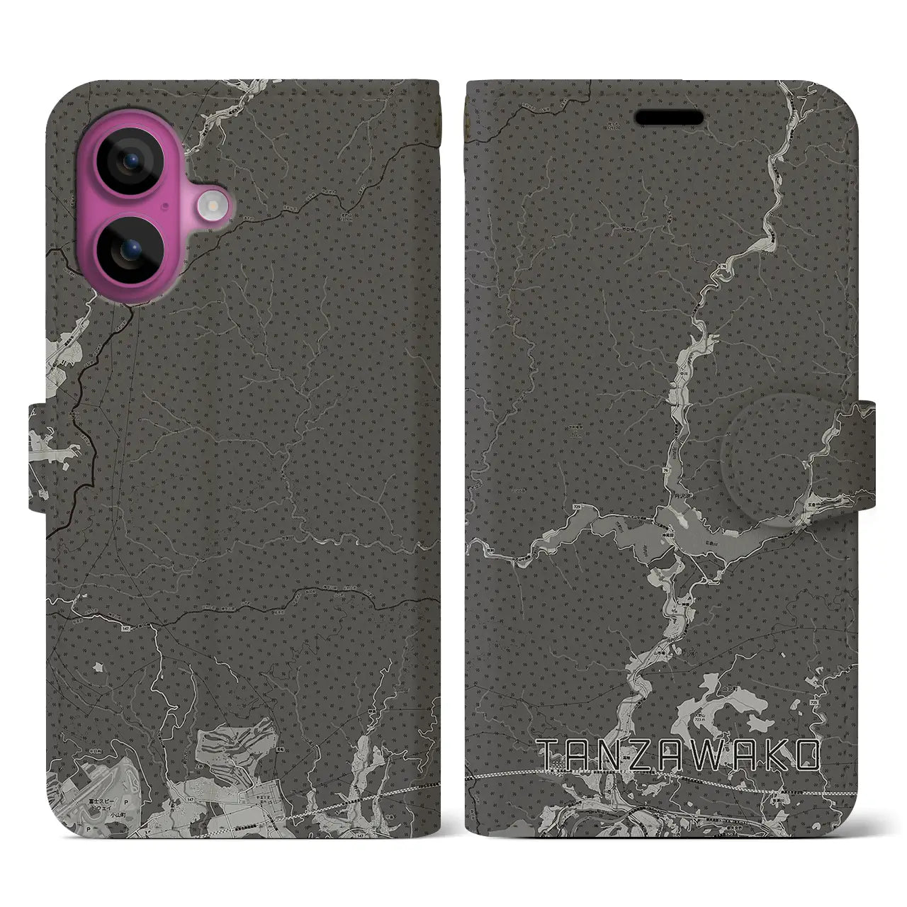 【丹沢湖(神奈川県)】地図柄iPhoneケース(手帳タイプ)モノトーン・iPhone 16 Pro 用