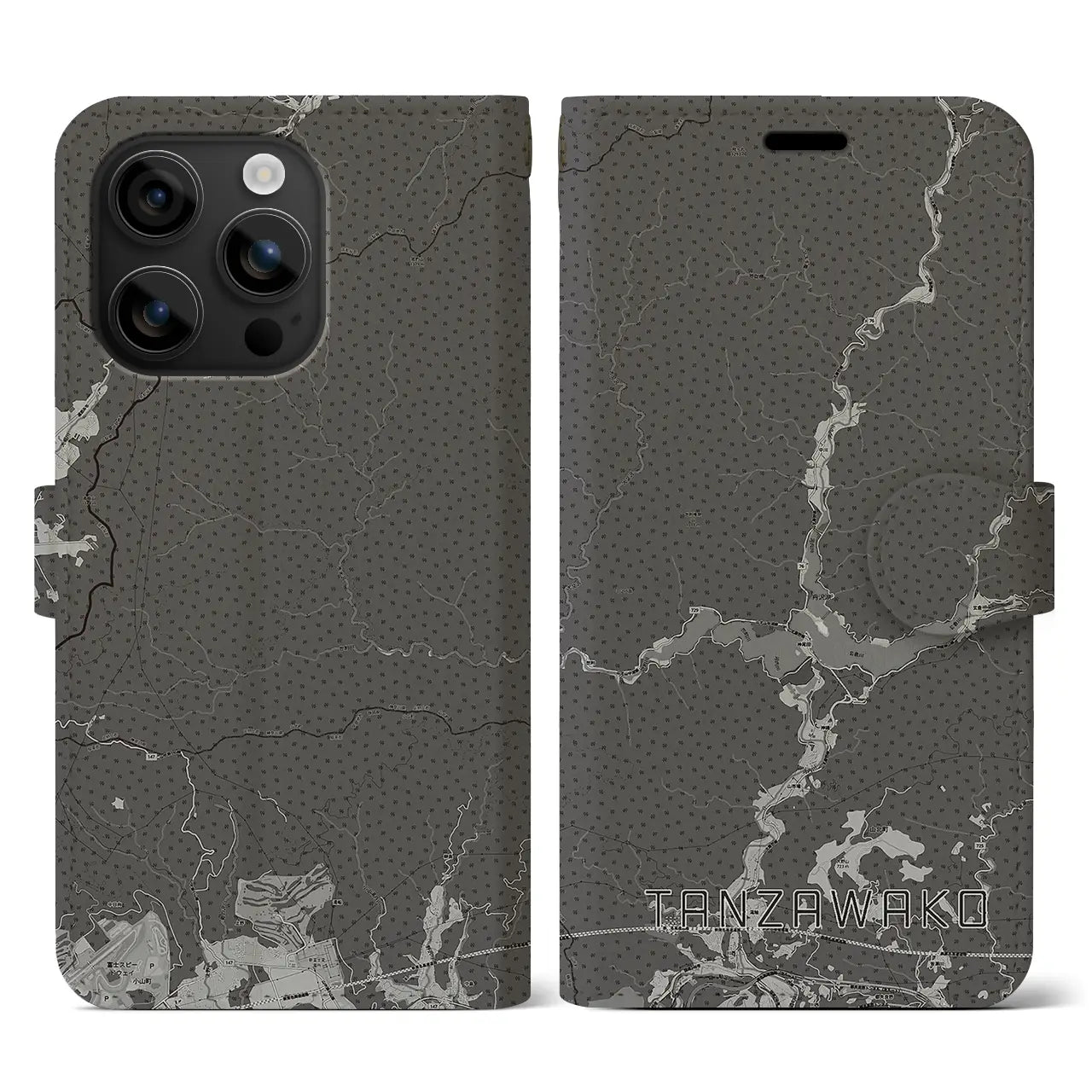 【丹沢湖(神奈川県)】地図柄iPhoneケース(手帳タイプ)モノトーン・iPhone 16 用