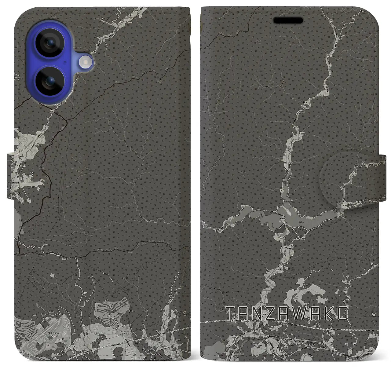 【丹沢湖(神奈川県)】地図柄iPhoneケース(手帳タイプ)モノトーン・iPhone 16 Pro Max 用