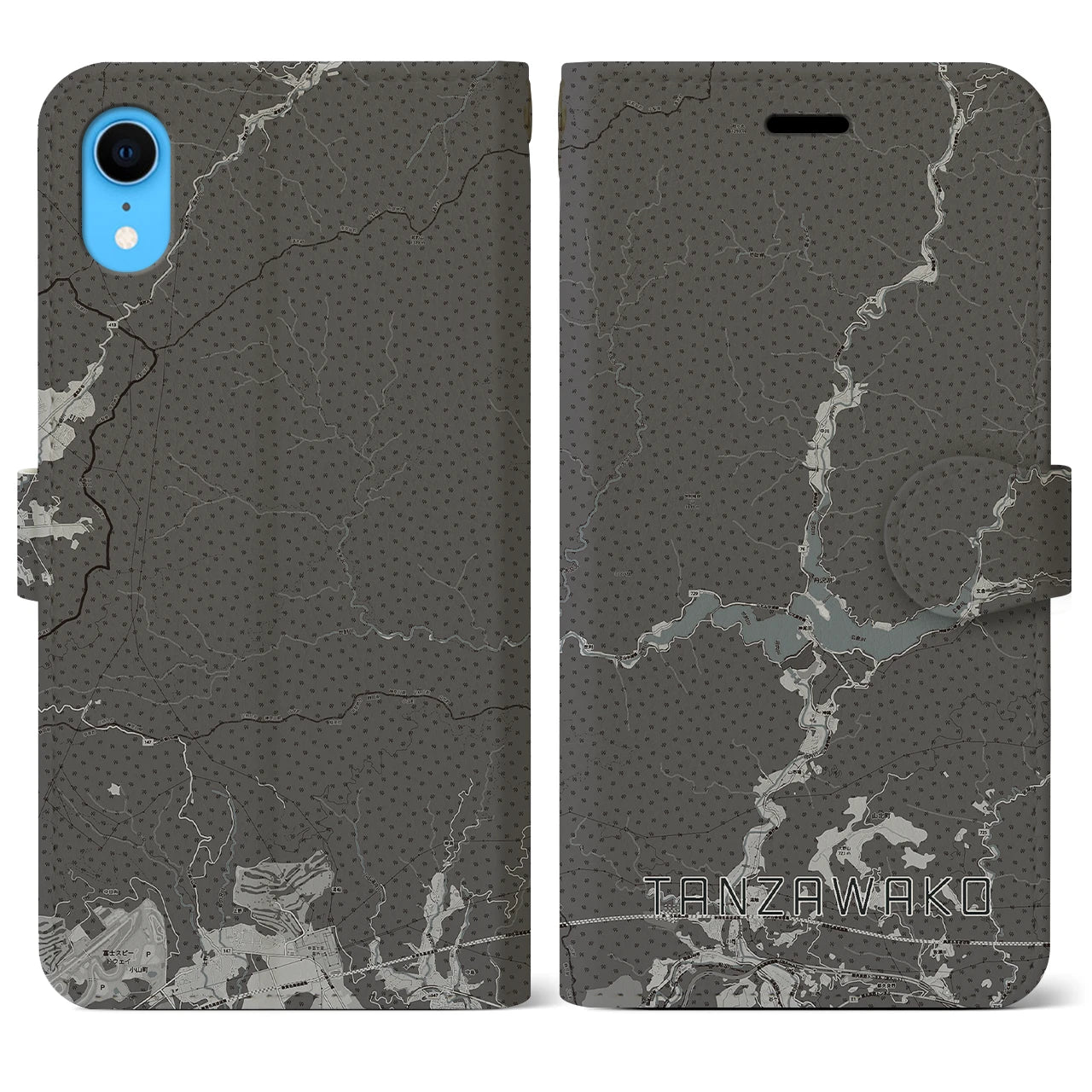 【丹沢湖(神奈川県)】地図柄iPhoneケース(手帳タイプ)モノトーン・iPhone XR 用