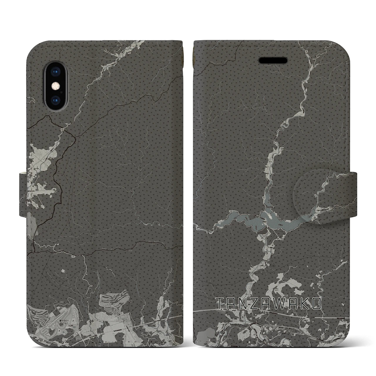 【丹沢湖(神奈川県)】地図柄iPhoneケース(手帳タイプ)モノトーン・iPhone XS / X 用