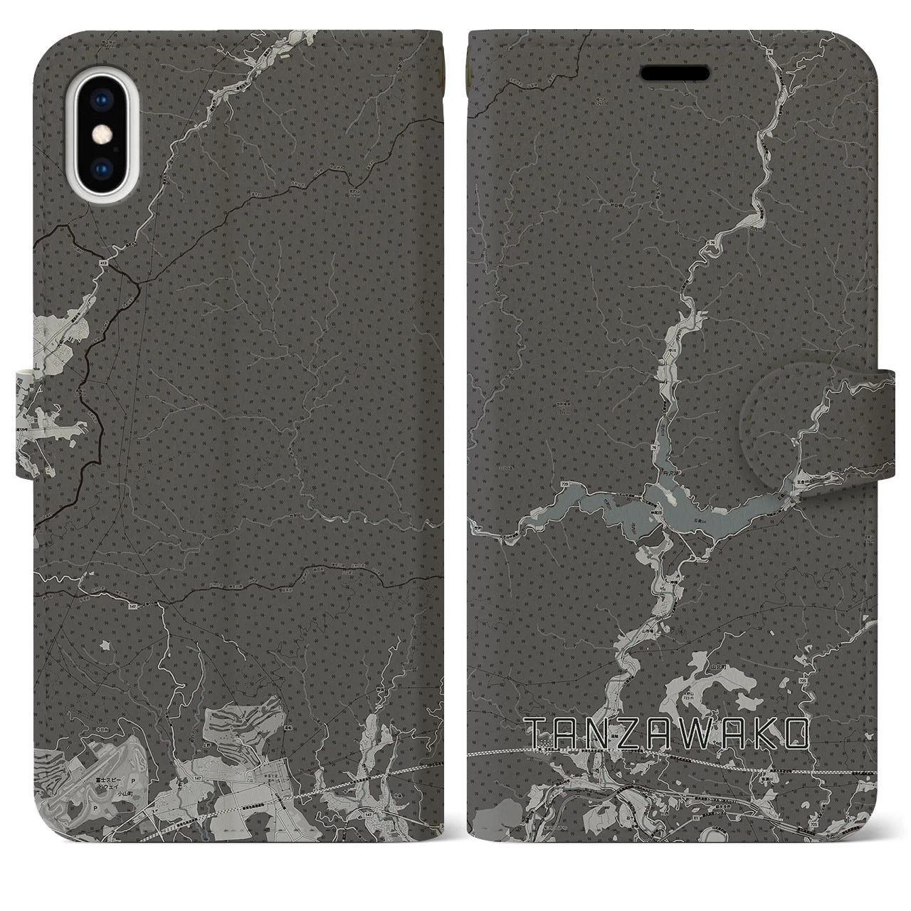 【丹沢湖(神奈川県)】地図柄iPhoneケース(手帳タイプ)モノトーン・iPhone XS Max 用