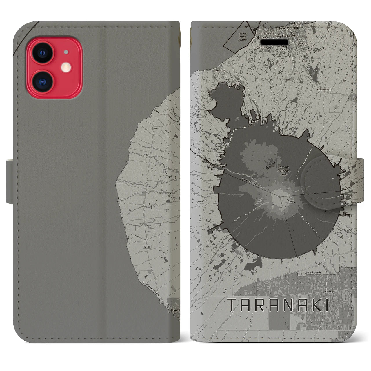 【タラナキ山(ニュージーランド)】地図柄iPhoneケース(手帳タイプ)モノトーン・iPhone 11 用