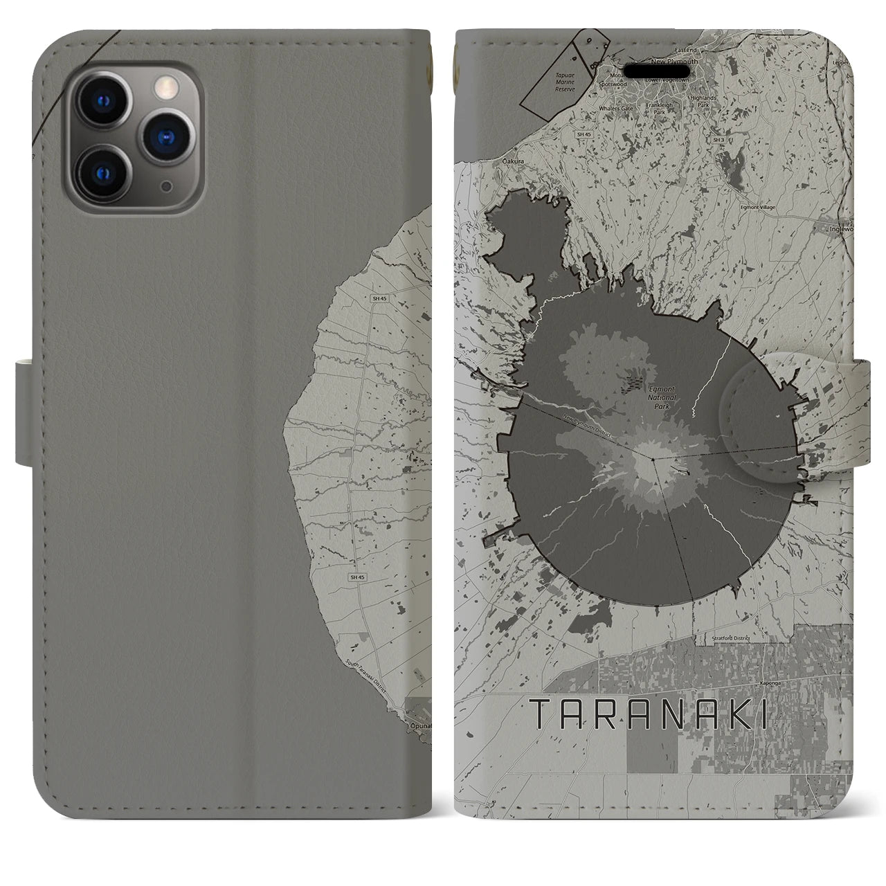 【タラナキ山(ニュージーランド)】地図柄iPhoneケース(手帳タイプ)モノトーン・iPhone 11 Pro Max 用