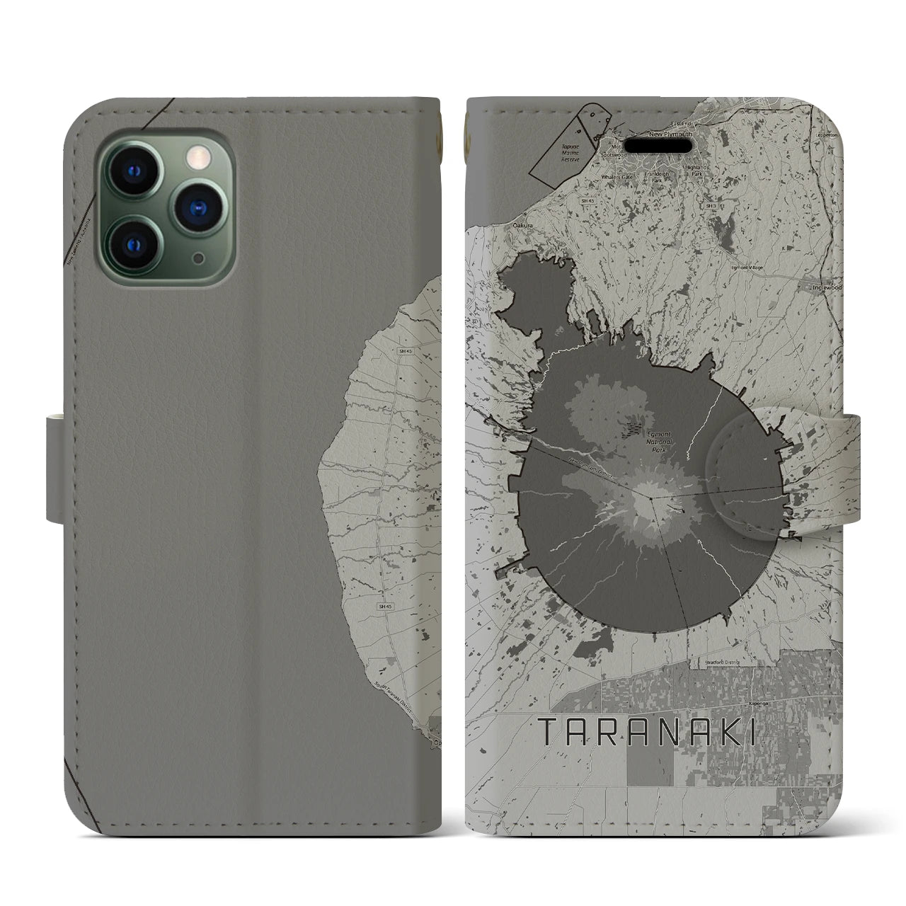 【タラナキ山(ニュージーランド)】地図柄iPhoneケース(手帳タイプ)モノトーン・iPhone 11 Pro 用