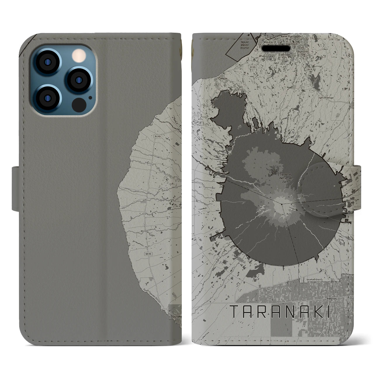 【タラナキ山(ニュージーランド)】地図柄iPhoneケース(手帳タイプ)モノトーン・iPhone 12 / 12 Pro 用