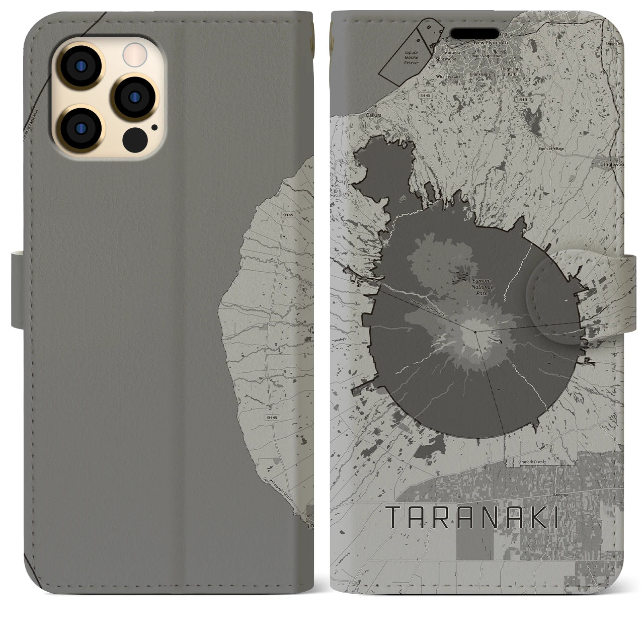【タラナキ山(ニュージーランド)】地図柄iPhoneケース(手帳タイプ)モノトーン・iPhone 12 Pro Max 用