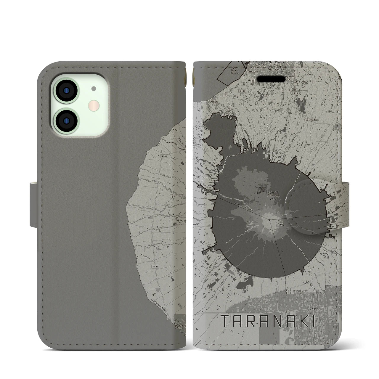 【タラナキ山(ニュージーランド)】地図柄iPhoneケース(手帳タイプ)モノトーン・iPhone 12 mini 用