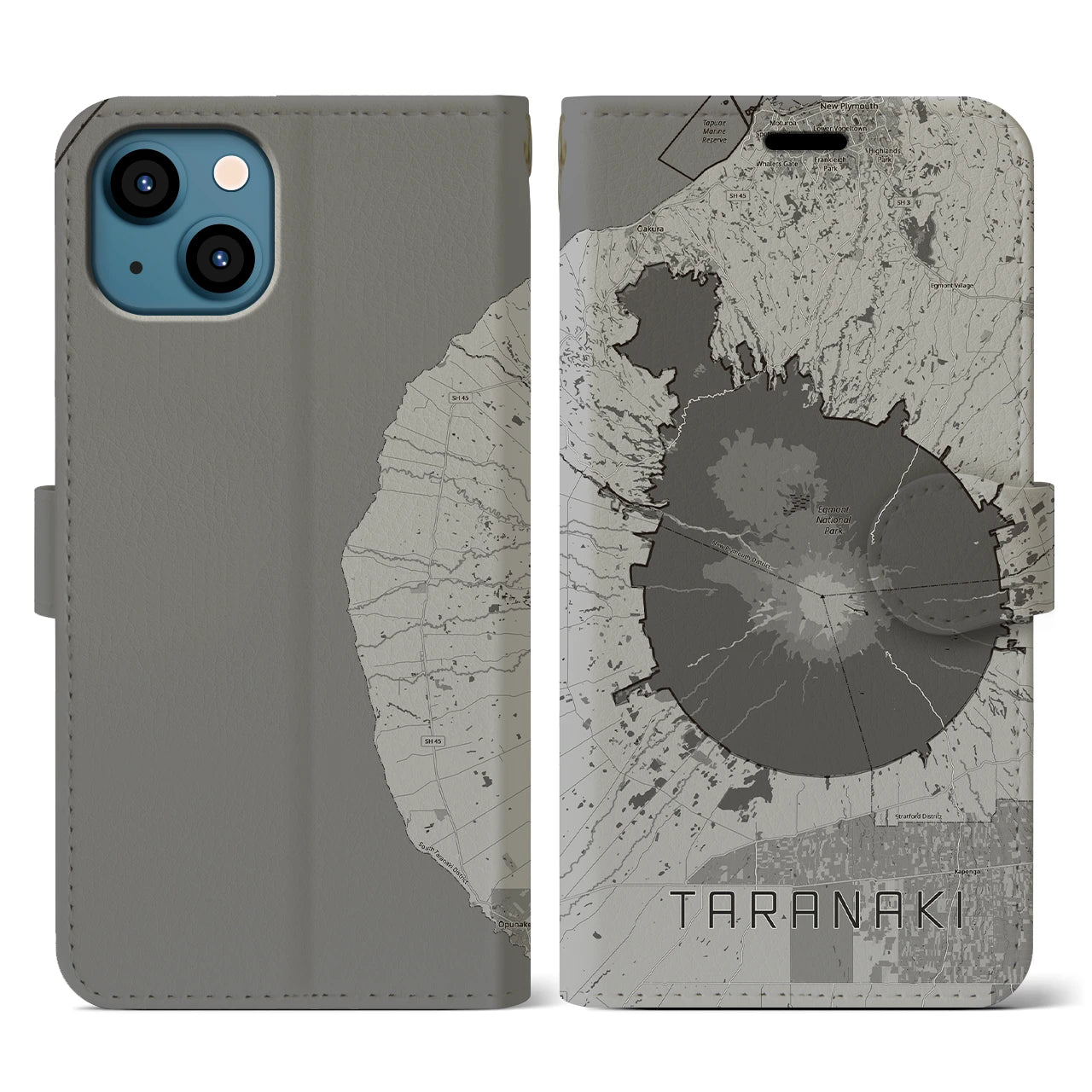 【タラナキ山(ニュージーランド)】地図柄iPhoneケース(手帳タイプ)モノトーン・iPhone 13 用