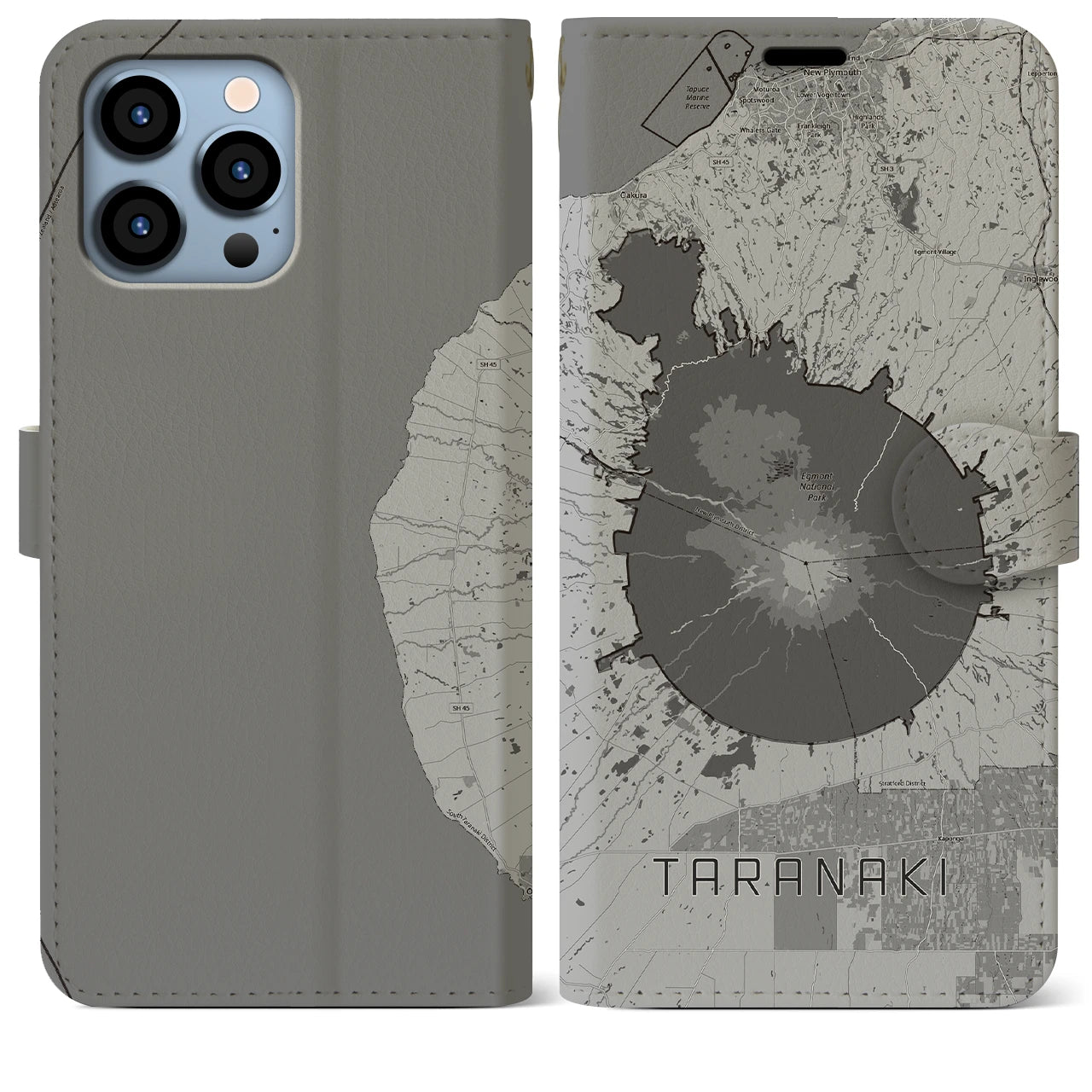 【タラナキ山(ニュージーランド)】地図柄iPhoneケース(手帳タイプ)モノトーン・iPhone 13 Pro Max 用