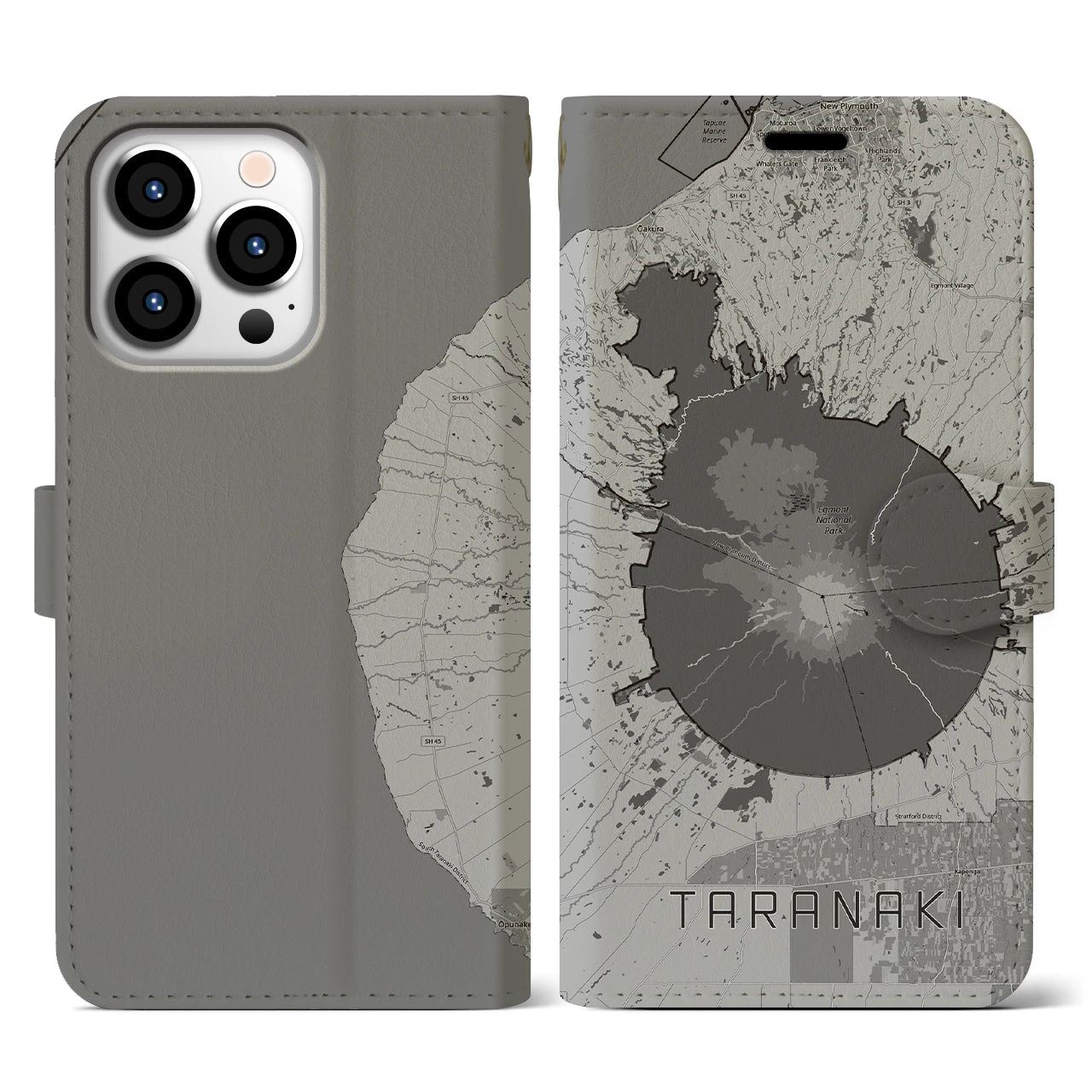 【タラナキ山(ニュージーランド)】地図柄iPhoneケース(手帳タイプ)モノトーン・iPhone 13 Pro 用