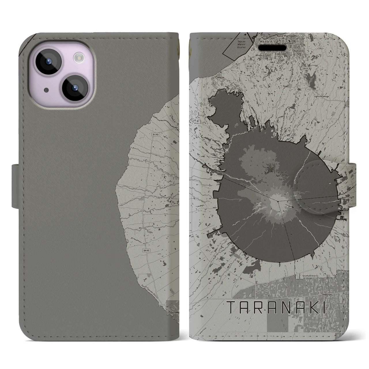 【タラナキ山(ニュージーランド)】地図柄iPhoneケース(手帳タイプ)モノトーン・iPhone 14 用