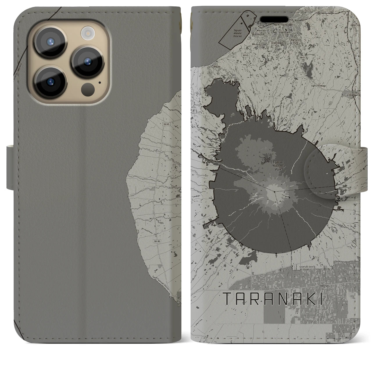 【タラナキ山(ニュージーランド)】地図柄iPhoneケース(手帳タイプ)モノトーン・iPhone 14 Pro Max 用