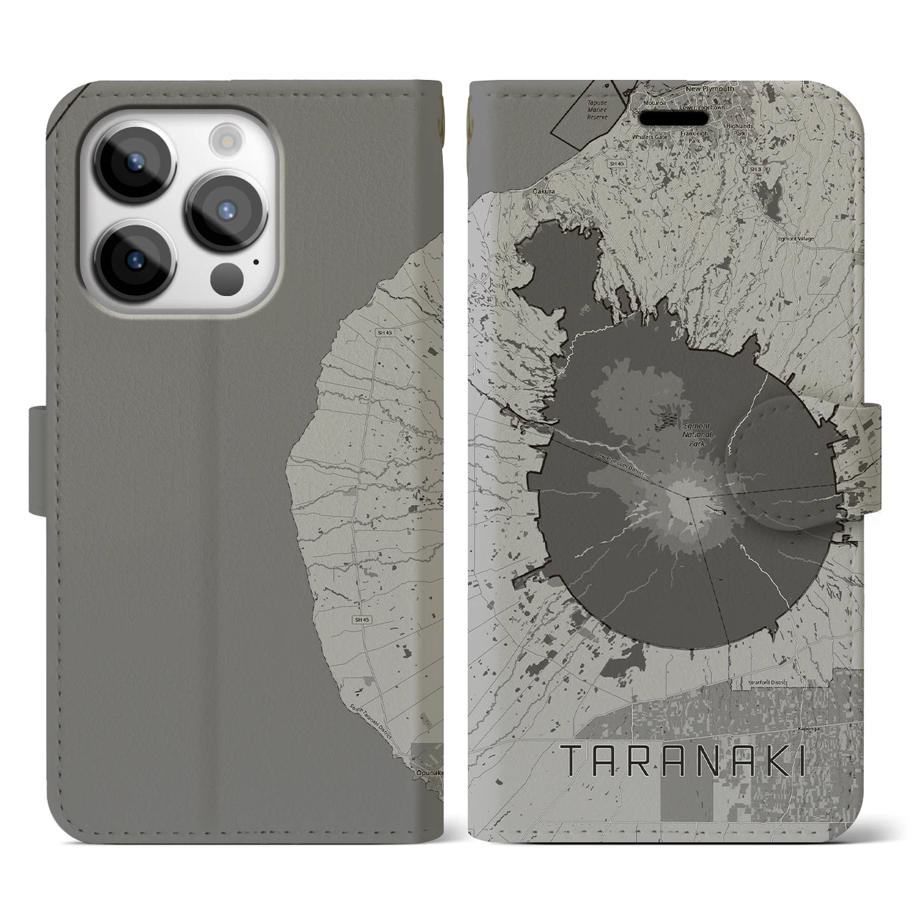 【タラナキ山(ニュージーランド)】地図柄iPhoneケース(手帳タイプ)モノトーン・iPhone 14 Pro 用