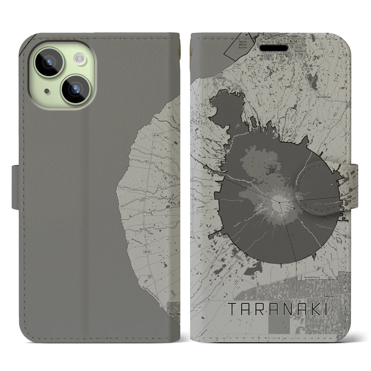 【タラナキ山(ニュージーランド)】地図柄iPhoneケース(手帳タイプ)モノトーン・iPhone 15 用