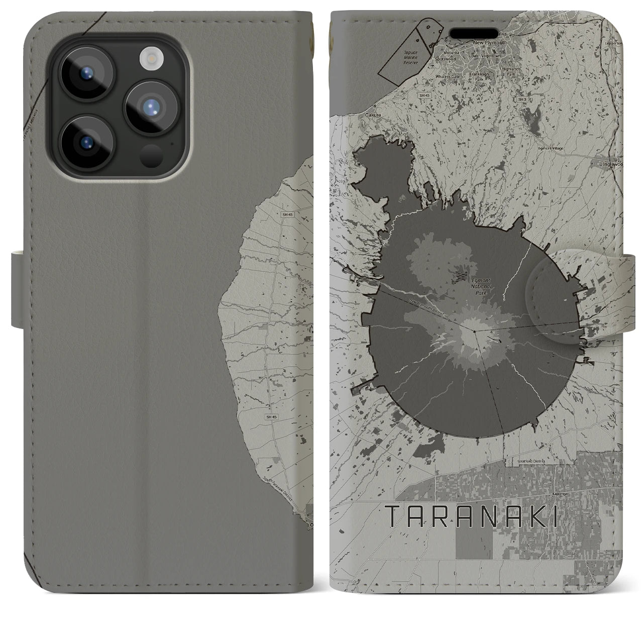 【タラナキ山(ニュージーランド)】地図柄iPhoneケース(手帳タイプ)モノトーン・iPhone 15 Pro Max 用