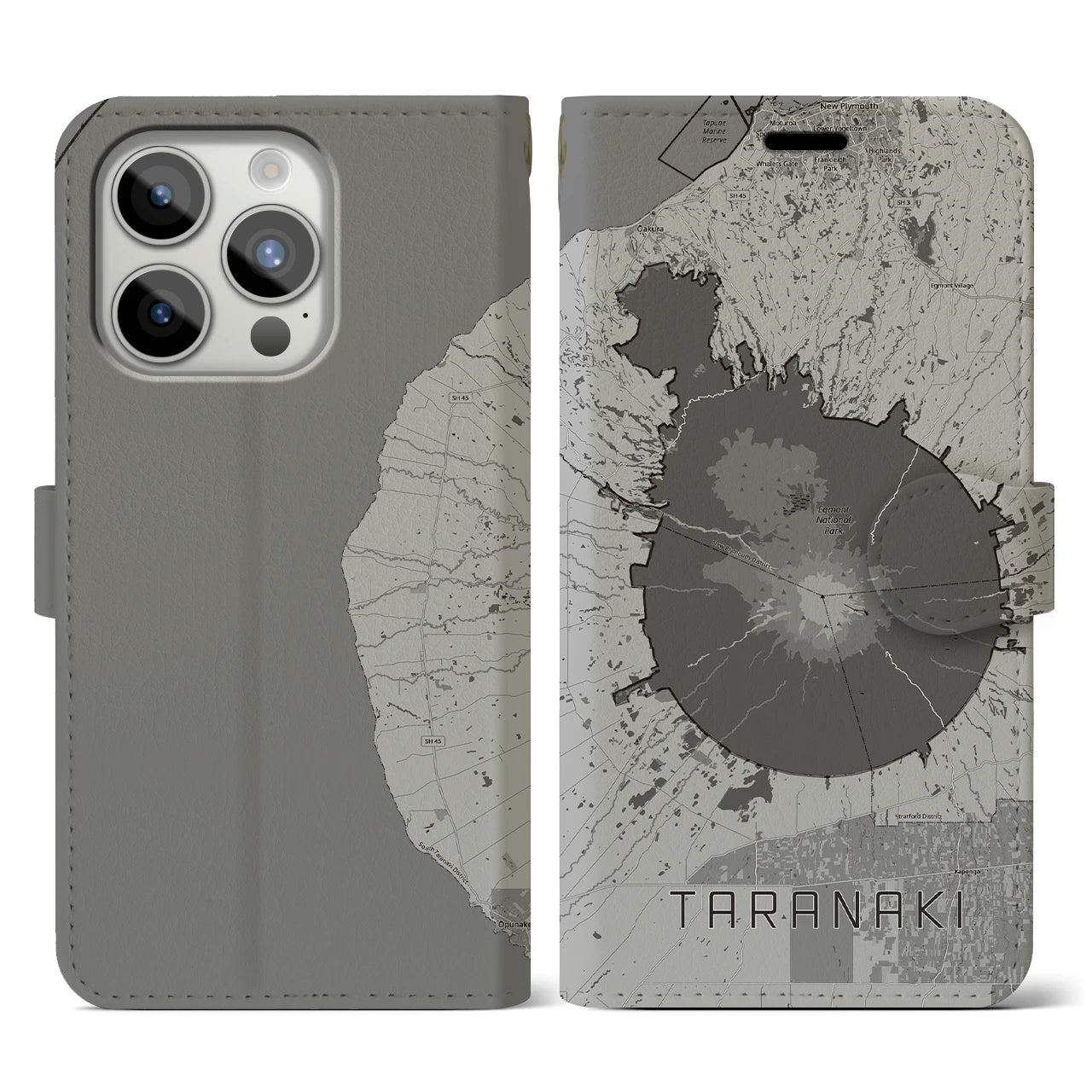 【タラナキ山(ニュージーランド)】地図柄iPhoneケース(手帳タイプ)モノトーン・iPhone 15 Pro 用