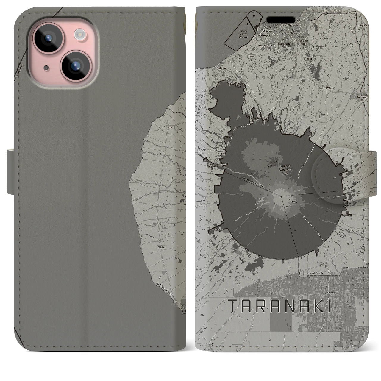 【タラナキ山(ニュージーランド)】地図柄iPhoneケース(手帳タイプ)モノトーン・iPhone 15 Plus 用