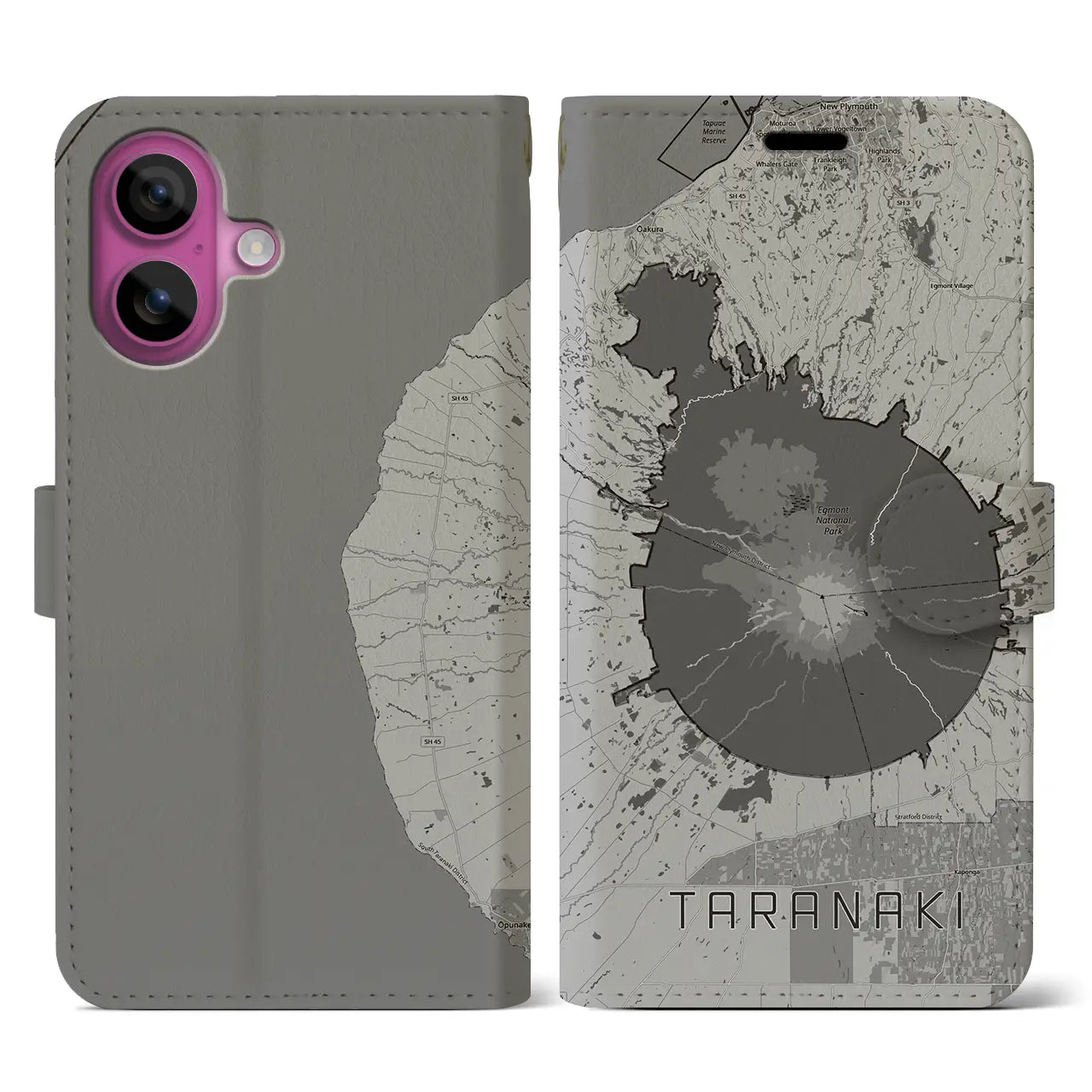 【タラナキ山(ニュージーランド)】地図柄iPhoneケース(手帳タイプ)モノトーン・iPhone 16 Pro 用