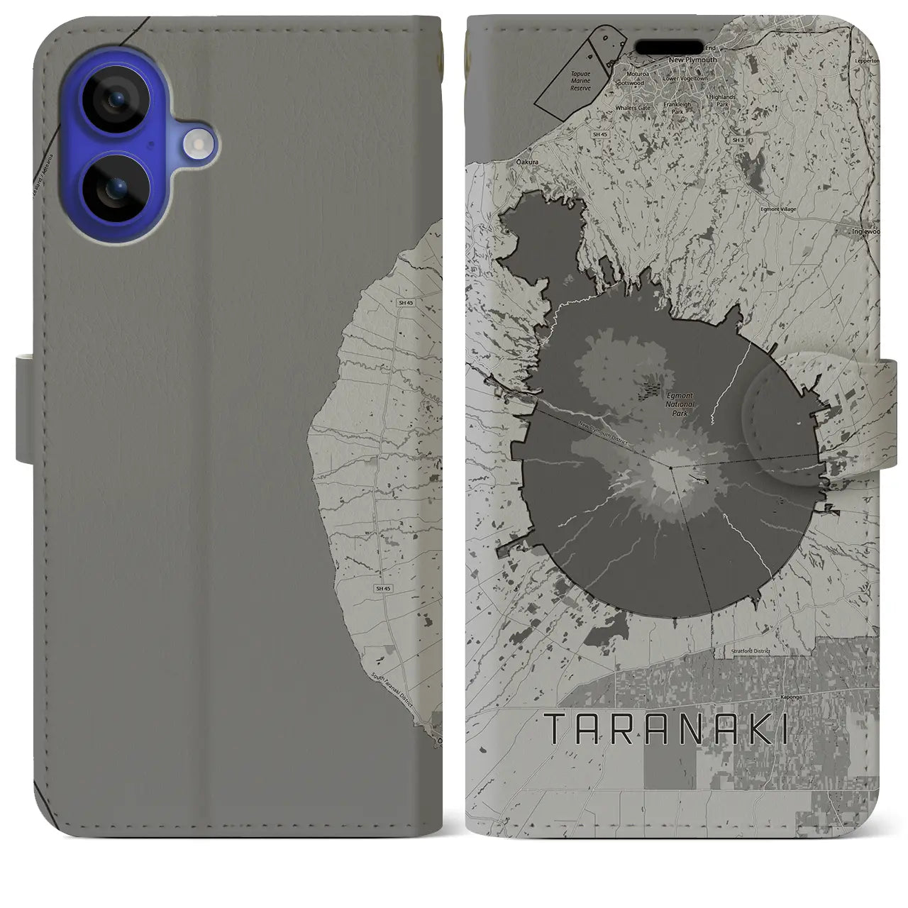 【タラナキ山(ニュージーランド)】地図柄iPhoneケース(手帳タイプ)モノトーン・iPhone 16 Pro Max 用
