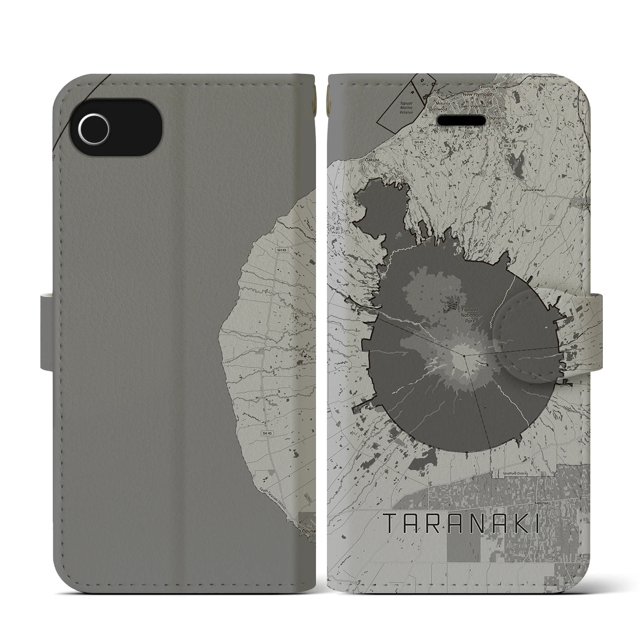 【タラナキ山(ニュージーランド)】地図柄iPhoneケース(手帳タイプ)モノトーン・iPhone SE(第3 / 第2世代) / 8 / 7 / 6s / 6 用