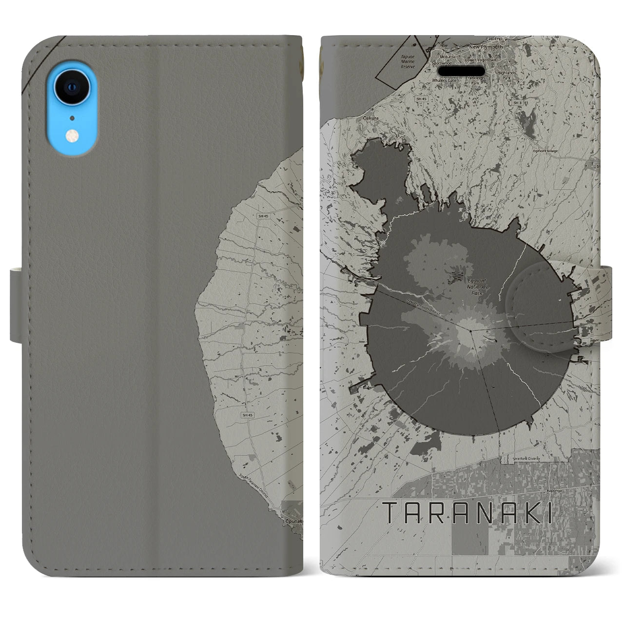 【タラナキ山(ニュージーランド)】地図柄iPhoneケース(手帳タイプ)モノトーン・iPhone XR 用
