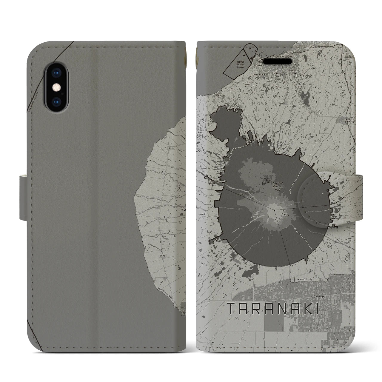 【タラナキ山(ニュージーランド)】地図柄iPhoneケース(手帳タイプ)モノトーン・iPhone XS / X 用