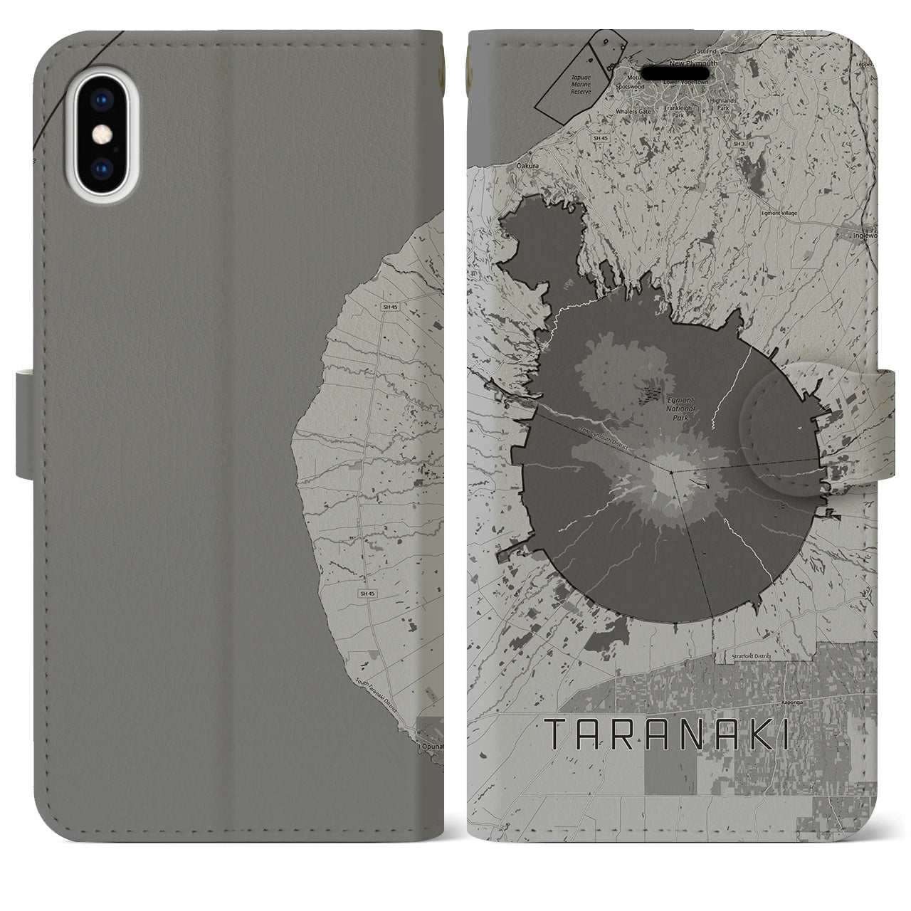 【タラナキ山(ニュージーランド)】地図柄iPhoneケース(手帳タイプ)モノトーン・iPhone XS Max 用