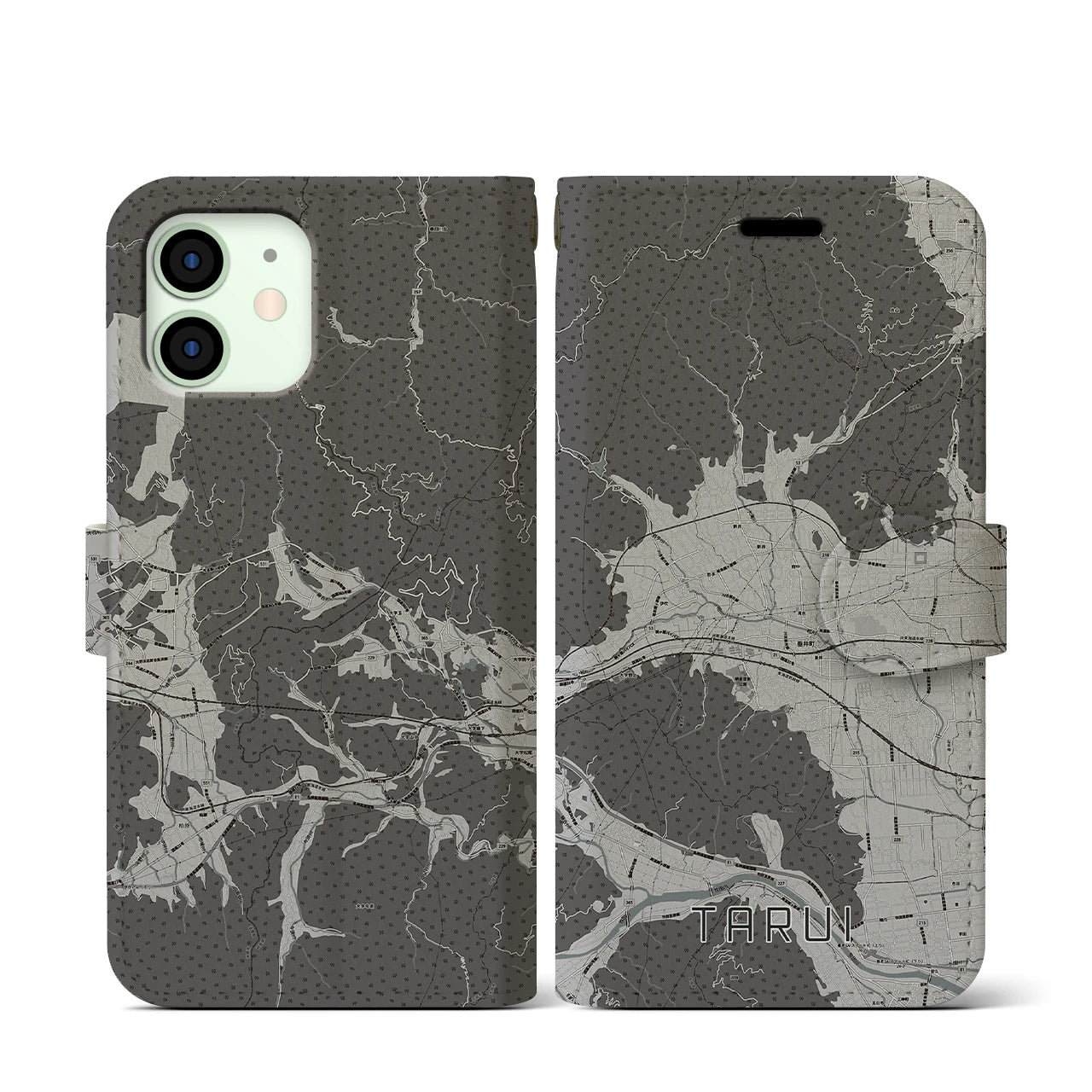 【垂井(岐阜県)】地図柄iPhoneケース(手帳タイプ)モノトーン・iPhone 12 mini 用