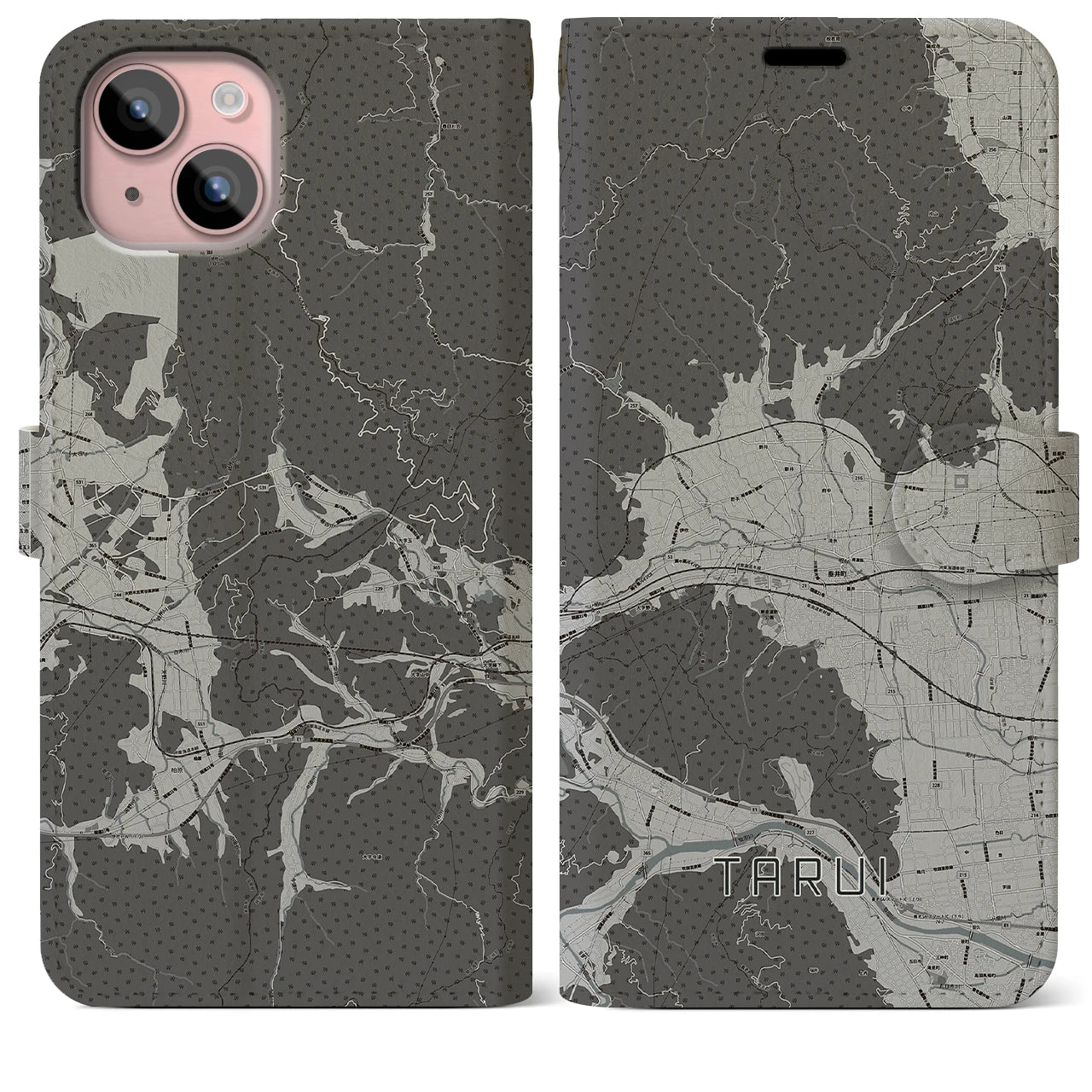 【垂井(岐阜県)】地図柄iPhoneケース(手帳タイプ)モノトーン・iPhone 15 Plus 用