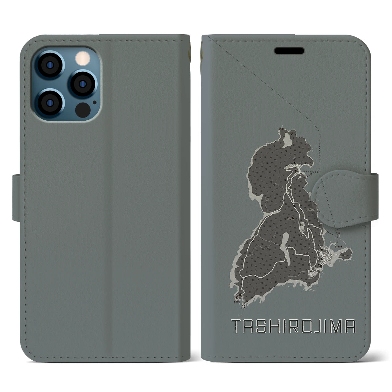 【田代島(宮城県)】地図柄iPhoneケース(手帳タイプ)モノトーン・iPhone 12 / 12 Pro 用