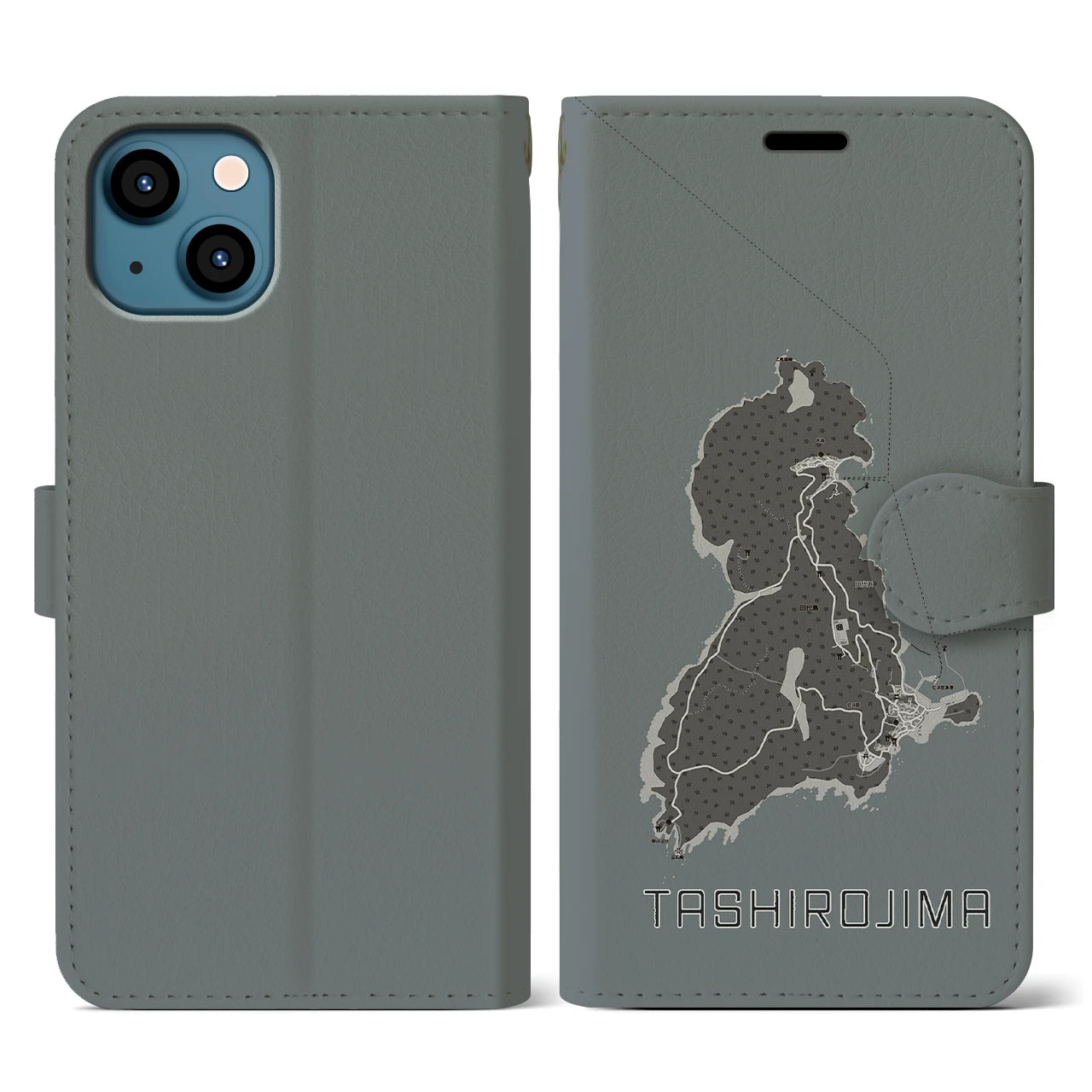 【田代島(宮城県)】地図柄iPhoneケース(手帳タイプ)モノトーン・iPhone 13 用