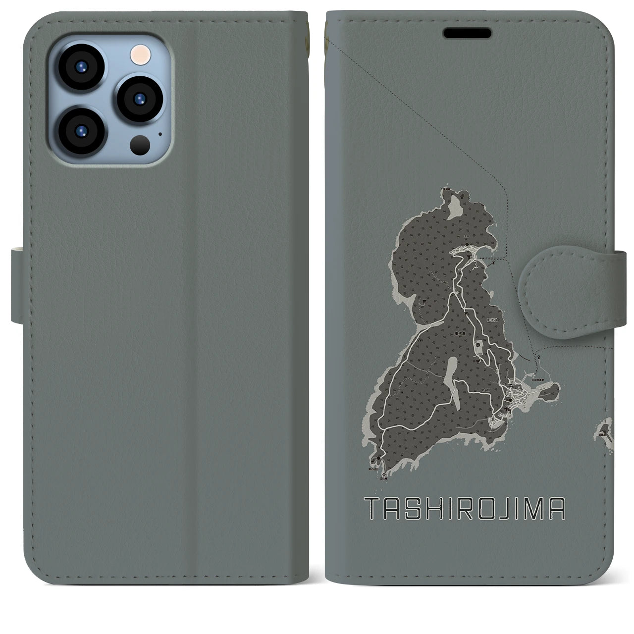 【田代島(宮城県)】地図柄iPhoneケース(手帳タイプ)モノトーン・iPhone 13 Pro Max 用