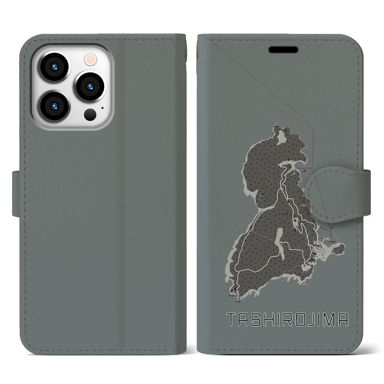 【田代島(宮城県)】地図柄iPhoneケース(手帳タイプ)モノトーン・iPhone 13 Pro 用