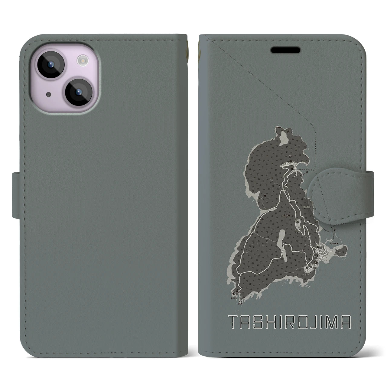 【田代島(宮城県)】地図柄iPhoneケース(手帳タイプ)モノトーン・iPhone 14 用