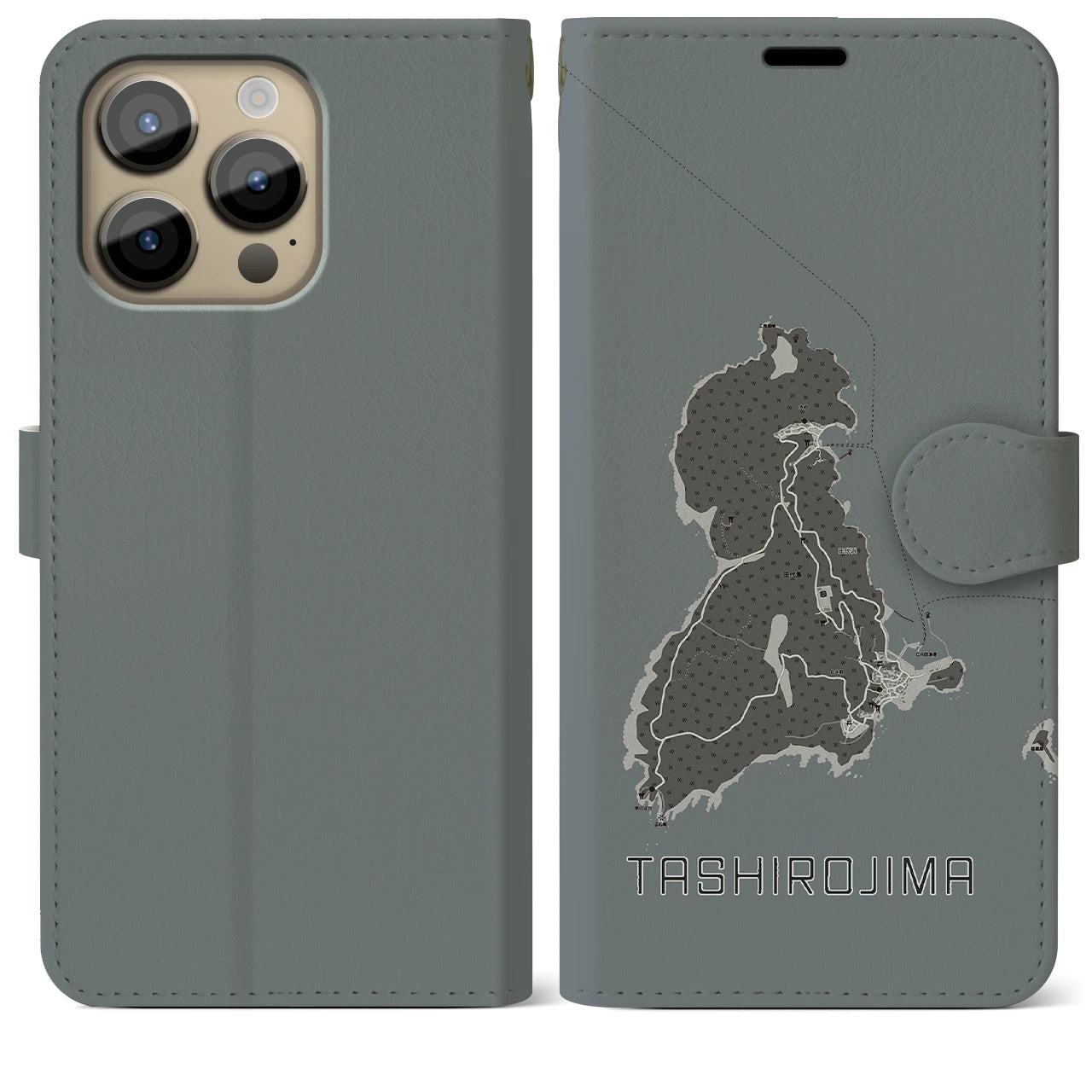 【田代島(宮城県)】地図柄iPhoneケース(手帳タイプ)モノトーン・iPhone 14 Pro Max 用