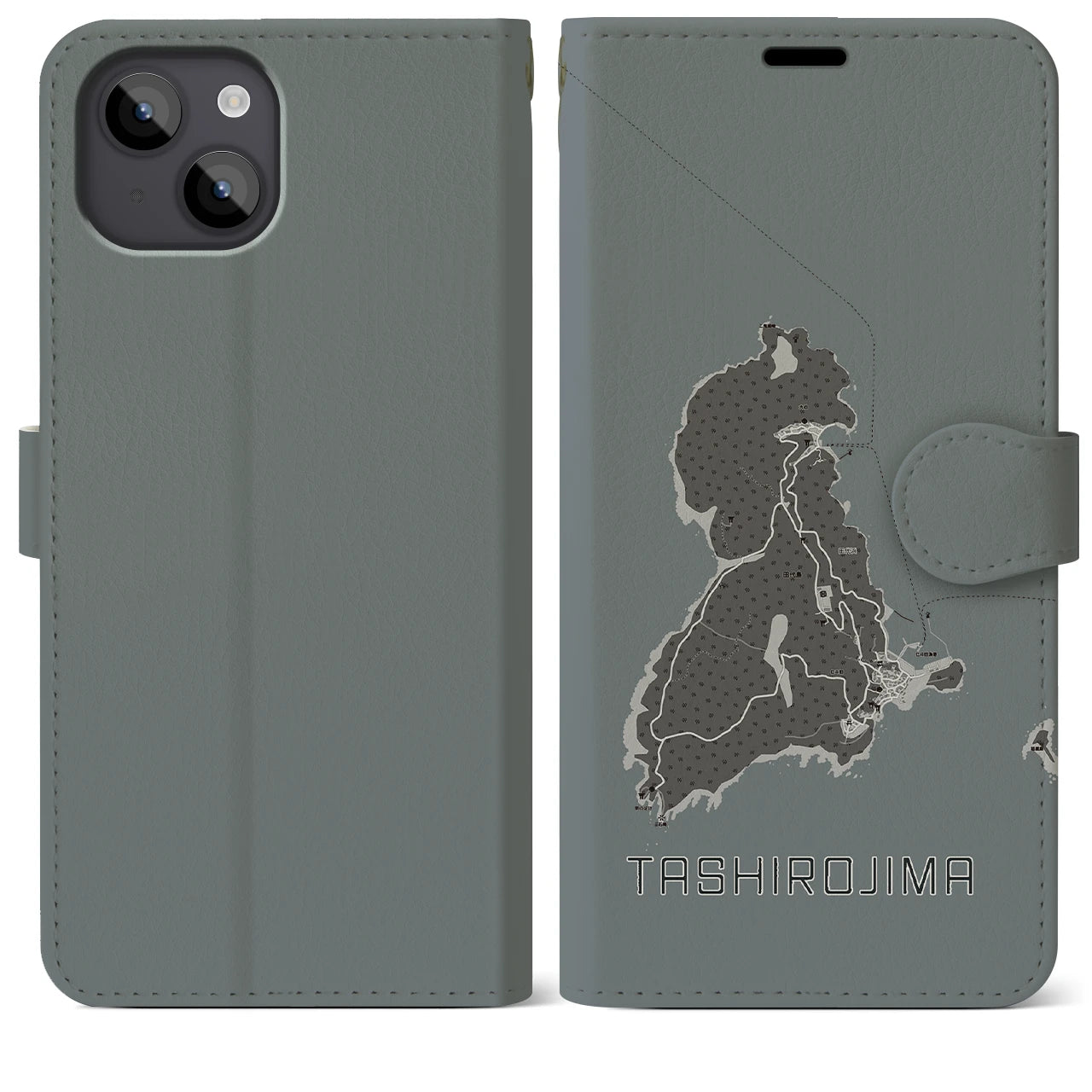 【田代島(宮城県)】地図柄iPhoneケース(手帳タイプ)モノトーン・iPhone 14 Plus 用