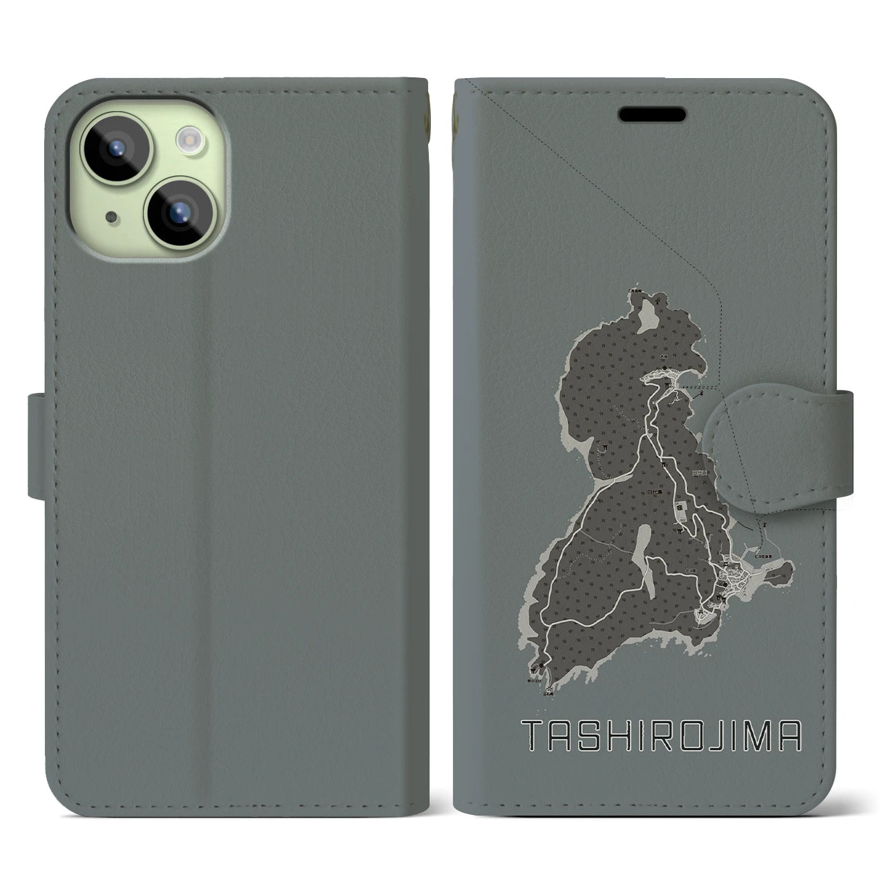 【田代島(宮城県)】地図柄iPhoneケース(手帳タイプ)モノトーン・iPhone 15 用