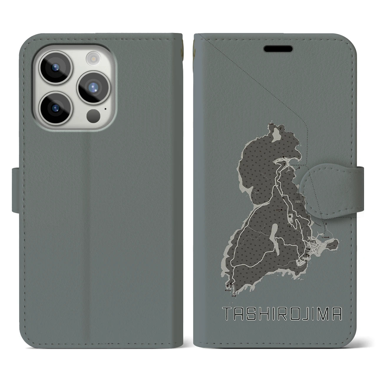 【田代島(宮城県)】地図柄iPhoneケース(手帳タイプ)モノトーン・iPhone 15 Pro 用